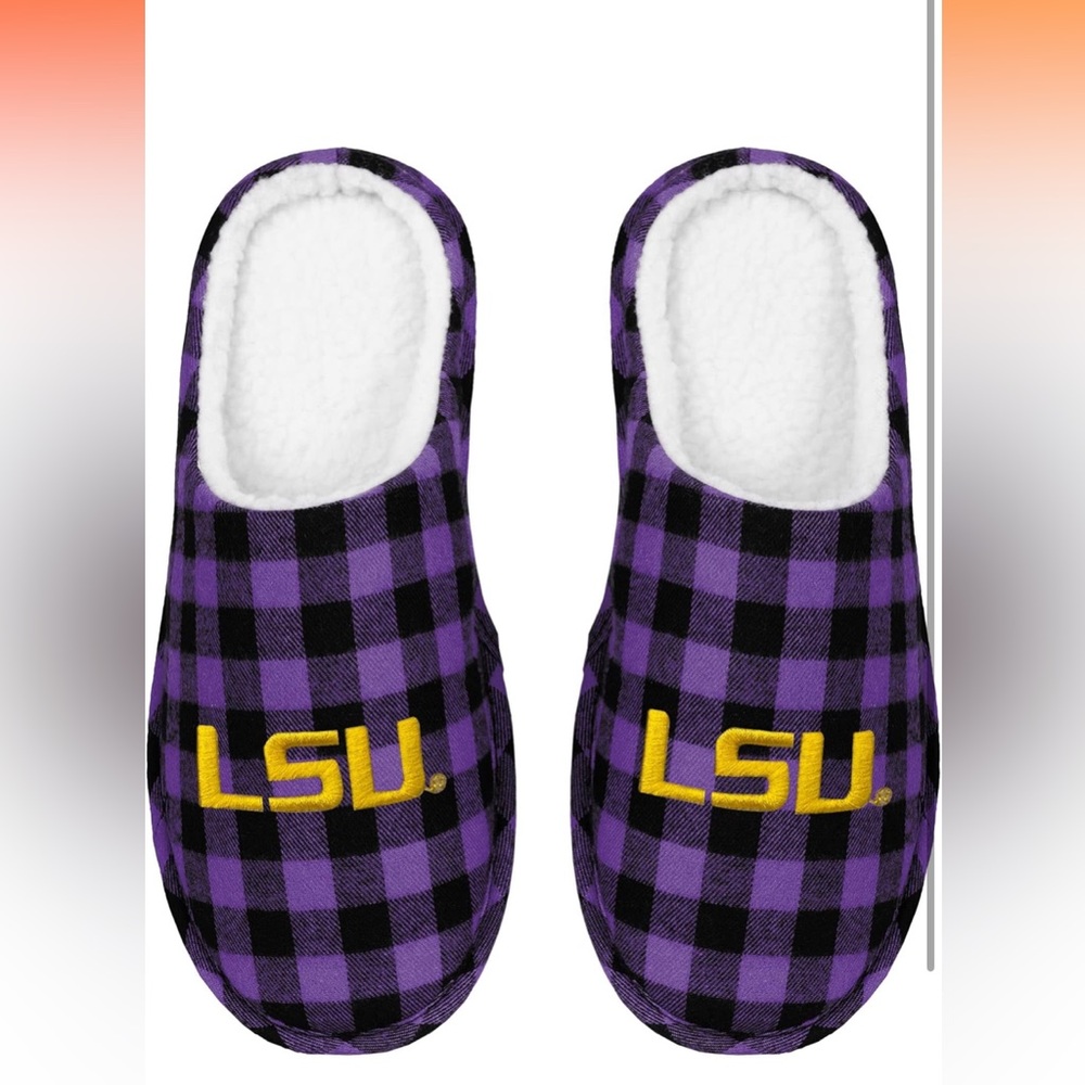 FOCO Men's 13-14 NCAA Sherpa Lined Buffalo Check Memory Foam Slippers..LSU(NWT)